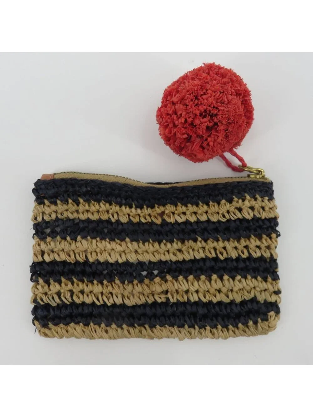 J Crew Tan Blue Straw Loose Woven Zippered Coin Purse Wallet Pom Pom Pull NEW